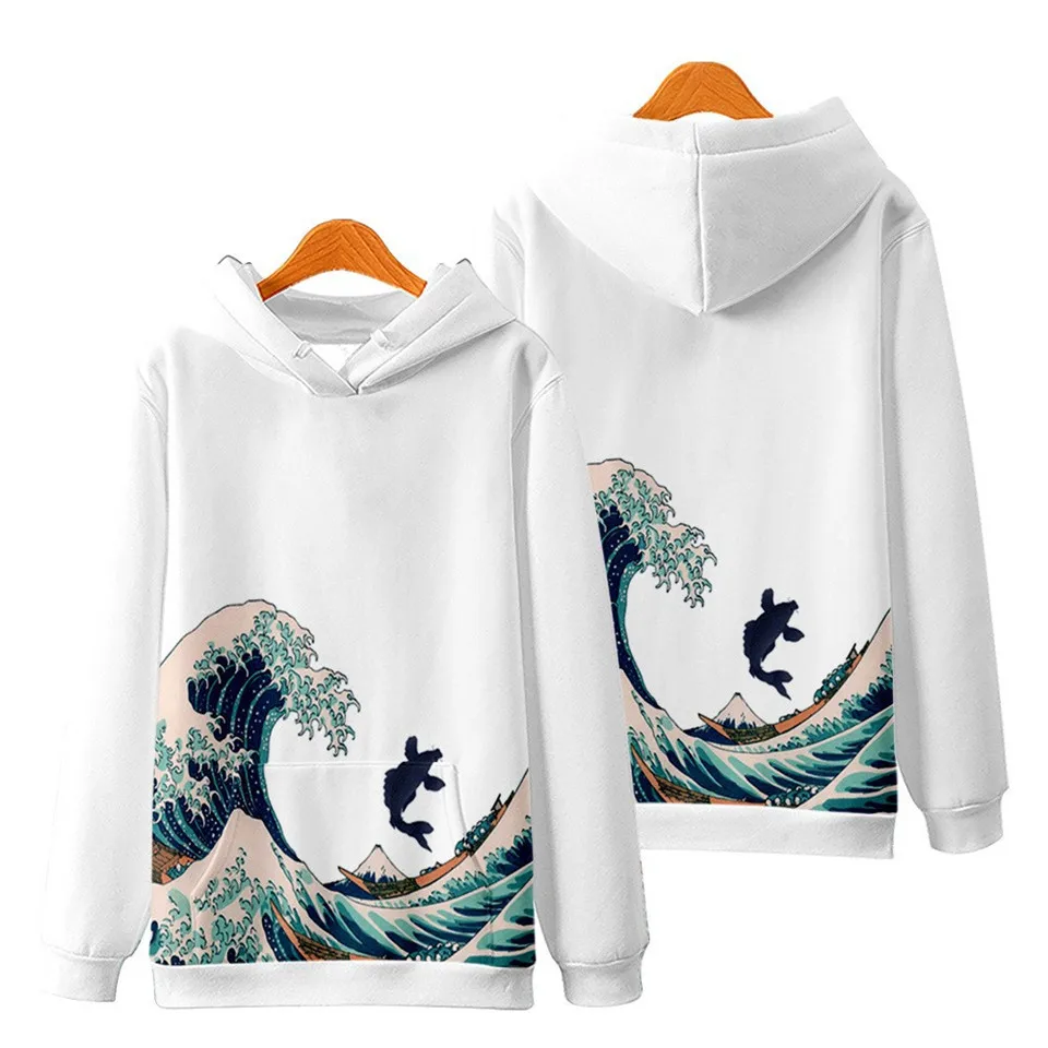 Sweat à capuche imprimé Wave Crane pour hommes et femmes, pull Harajuku, sweat à capuche décontracté, vêtements d'automne et d'hiver, Oke Agawa