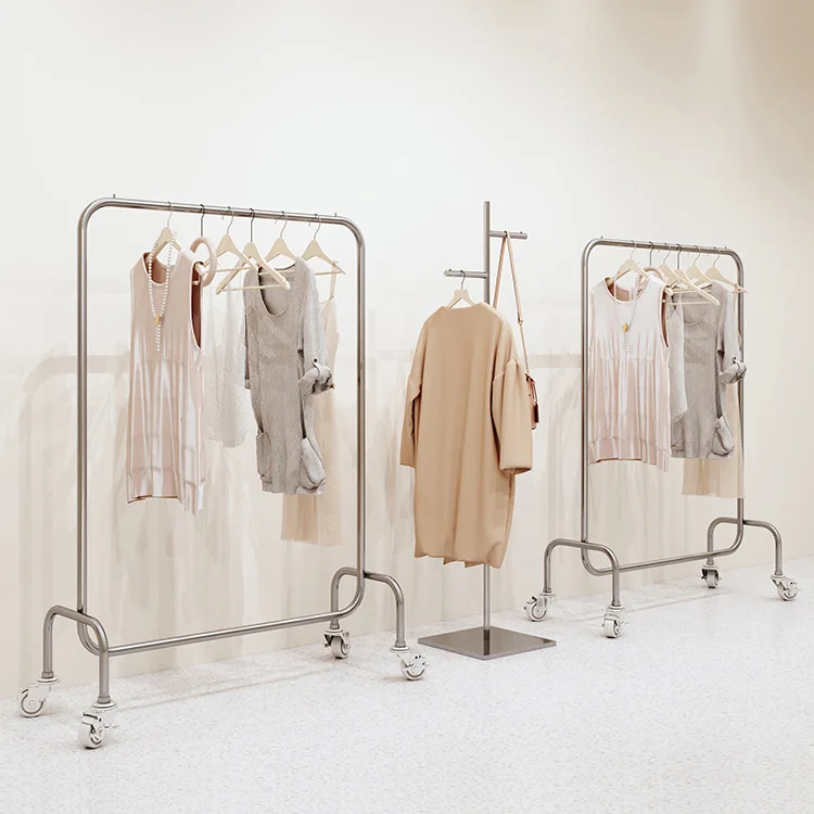 Stainless Steel Display Rack com roda Hanger, loja de roupas, andar a andar