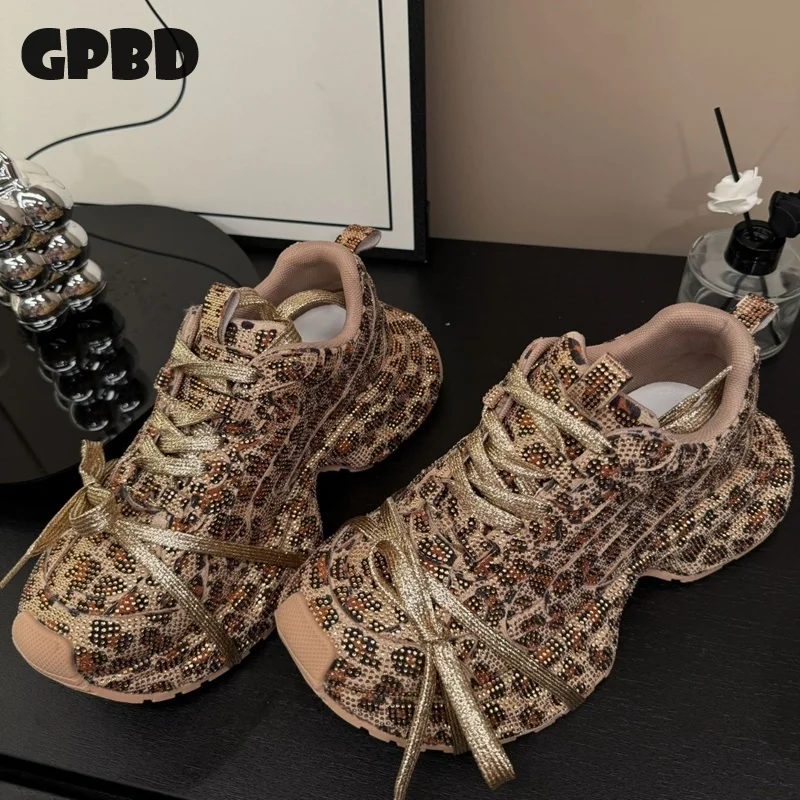 

GPBD Dad Shoes for Women with Full Diamond LACES Casual Shoes 2025 Summer Trend Leopard Print Gold Niche Design