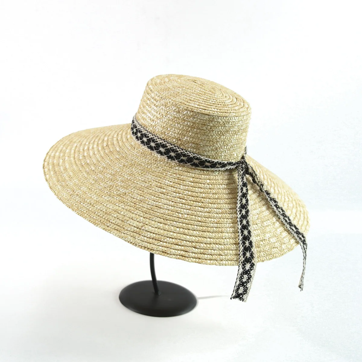 Wide Brim Wheat Straw Sun Hat with Lace Ribbon, Flat Top Beach Hat, Big Brim Sun Shade Straw Hat
