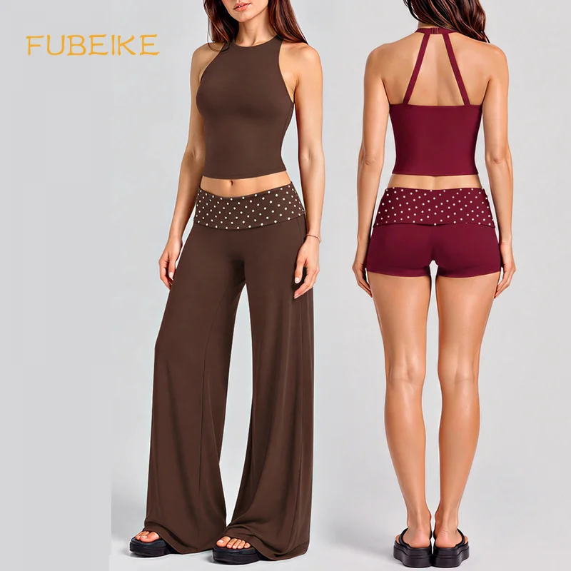 Halter Neck 2Pcs Women Yoga Set Quick Dry Tank Top With Polka Dot Fold Waist Wide Leg Pants Active Outfit For Fitness Pilates