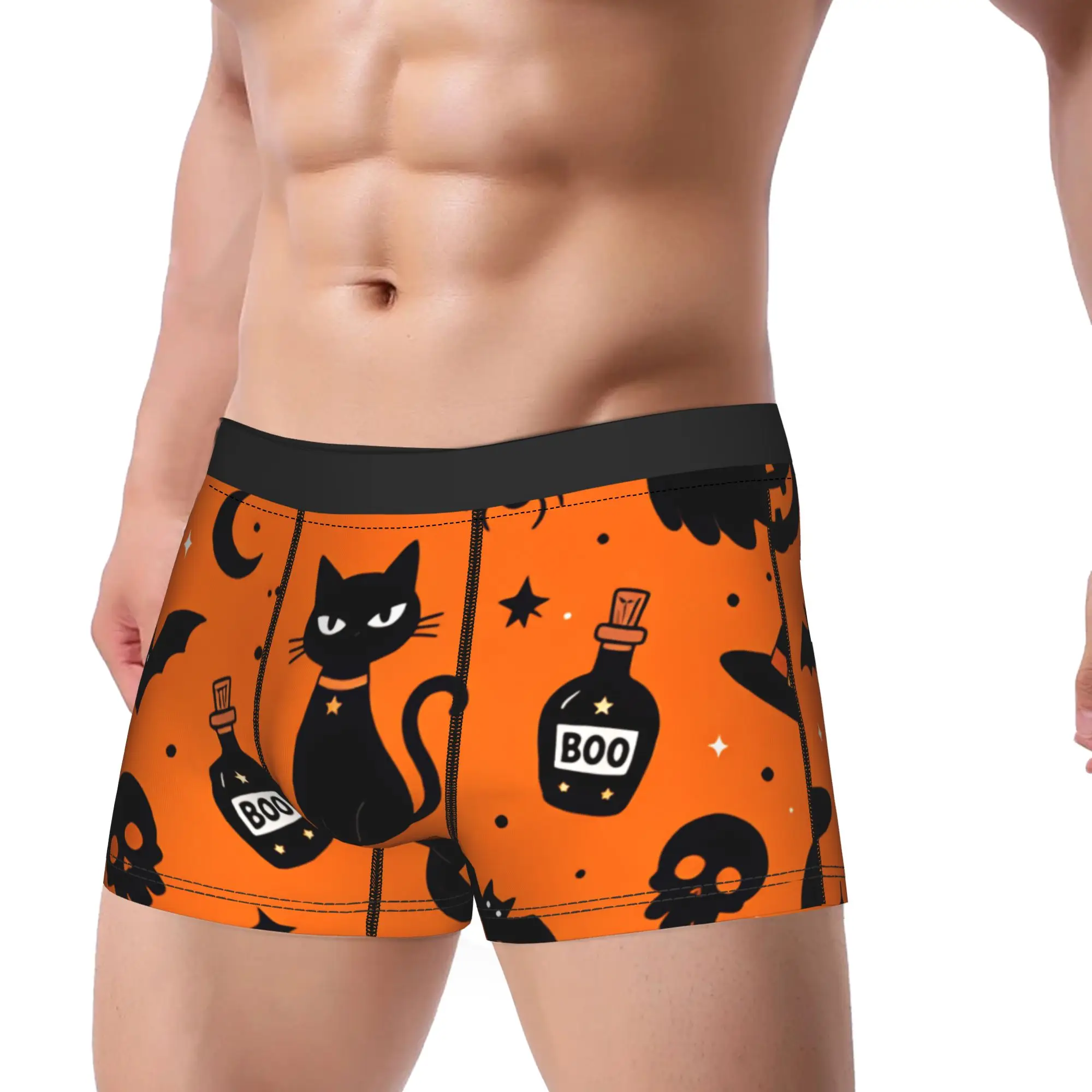 Halloween Ghost Cat Bat Pumpkin Witch Hat Orange Seamless Pattern Shorts Briefs  Underwear Trenky Men Comfortable Trunk Panties