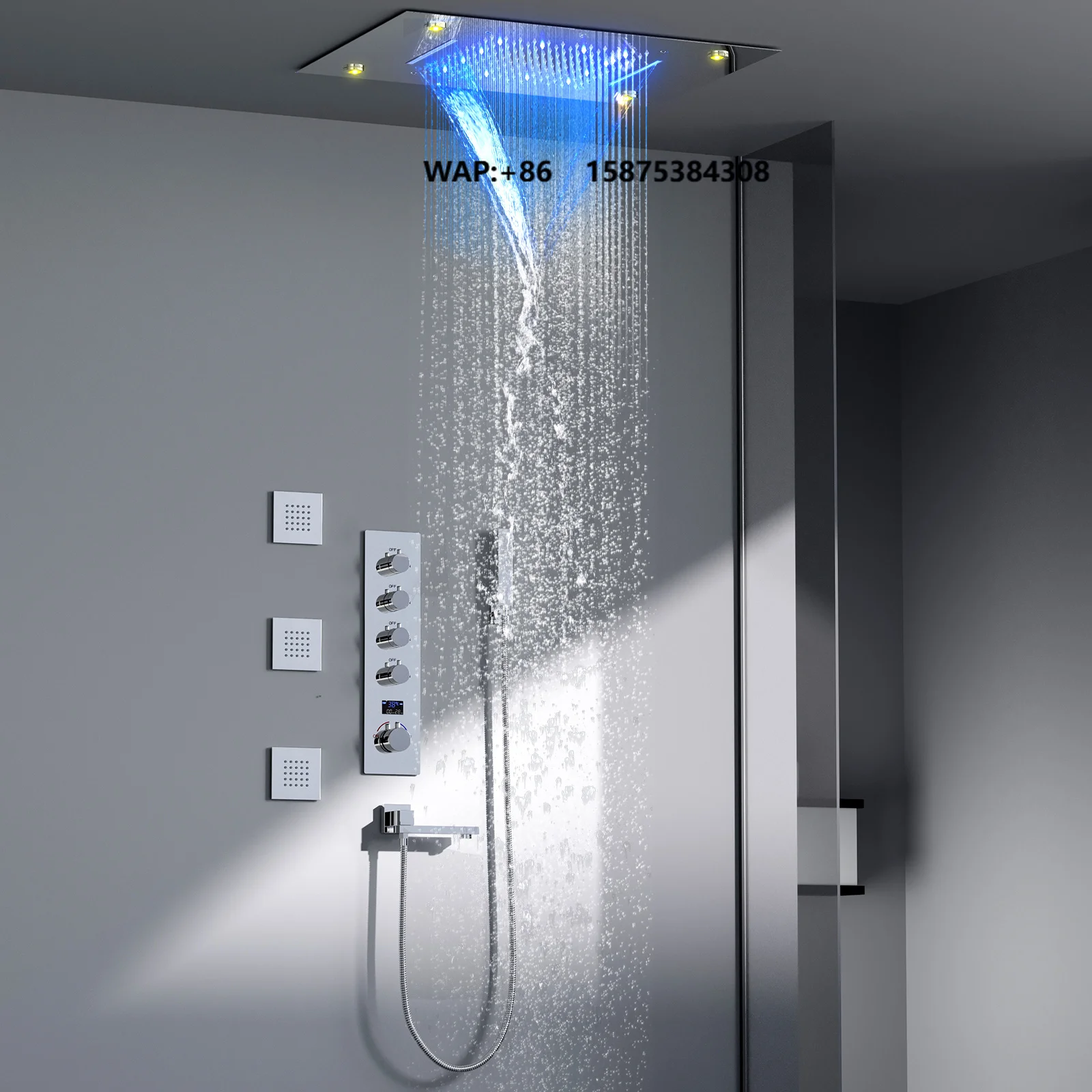 Modern Bathroom 20*14inch Shower Head Rainfall Waterfall LED Temperature Display Shower Set Cold and Hot with Body Spray Jets