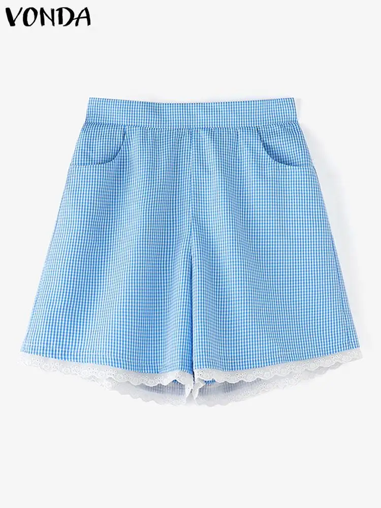 VONDA Women Plaid Shorts 2024 Fashion Casual Bohemian Holiday Summer Bottoms Party Oversized Printed Loose Lace Patchwork Shorts