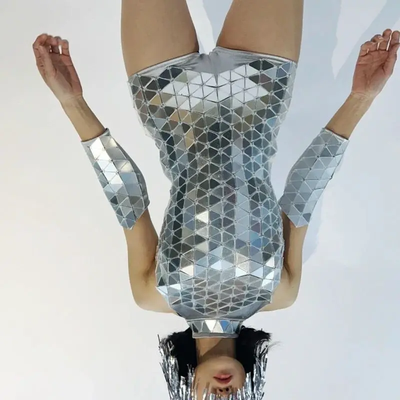 Boate bar festa showgirl outfit prata espelho macacão evento mostrar personalizado desempenho feminino gogo dançarino terno