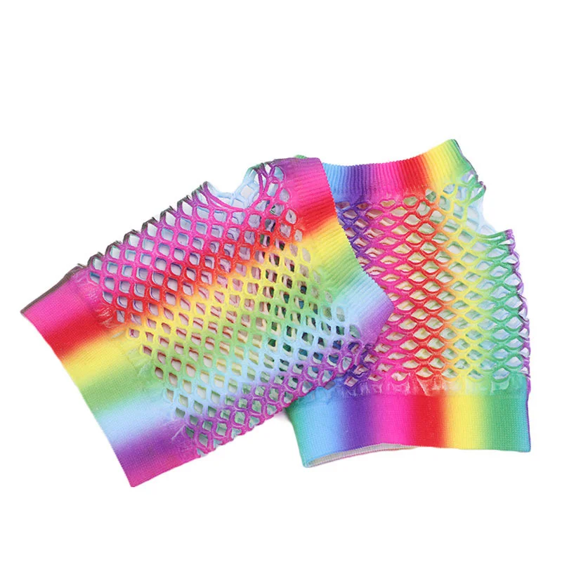 Ladies Sexy Rainbow Color Short Mesh Net Fishnet Gloves Hollow Out Holes Fingerless Gloves Lady Disco Dance Costume Half Mittens