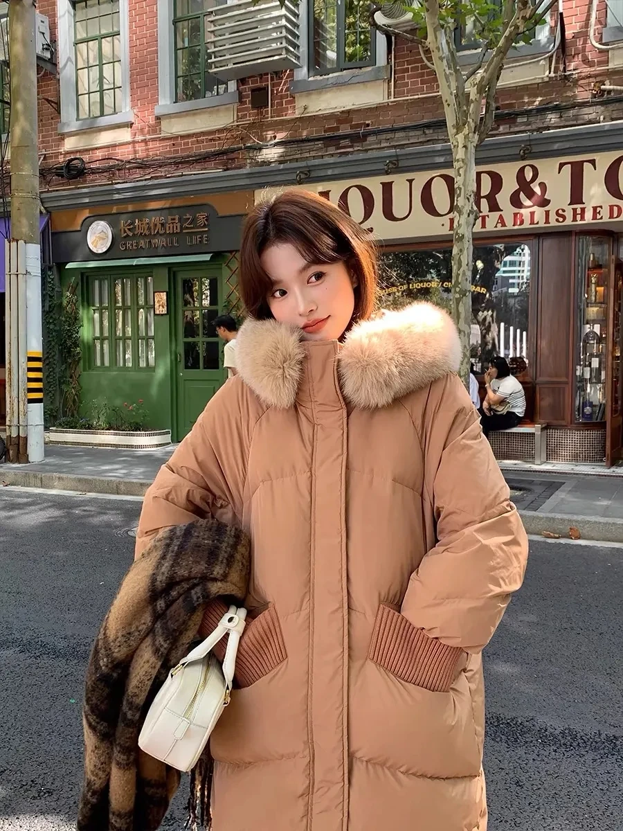 Winter Black Long Sleeve Zipper LooseCotton Padded Jacket Women Khaki Thicken Warm Down Coat Casual Vacation Hooded Parkas