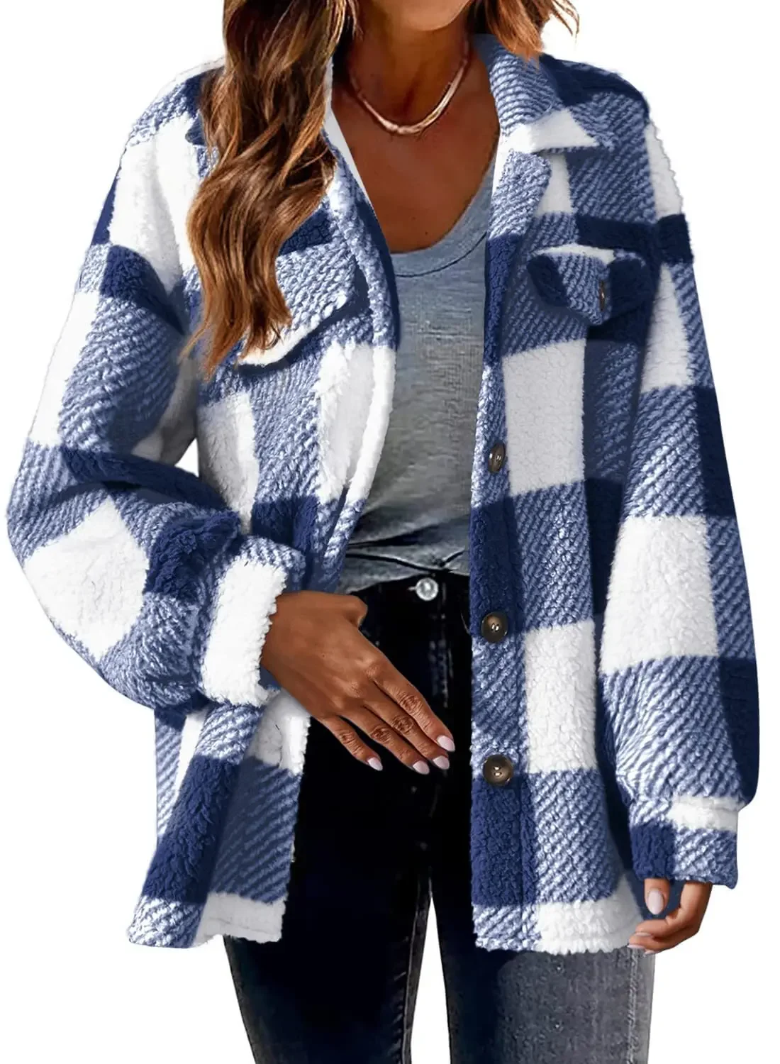 Women\'s Fashion 2023 New Autumn and Winter Pocket Plaid Jacket Button Plush Jacket for Warmth, Leisure and Elegance