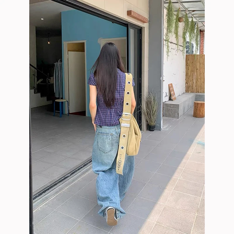 ZHIZOU Jesień 2025 Jeansy damskie z wysokim stanem Niebieskie Jeansy American Vintage Streetwear Y2K Szerokie Nogawki Spodnie Jeansowe Luźne Spodnie Denimowe w Stylu Lat 2000