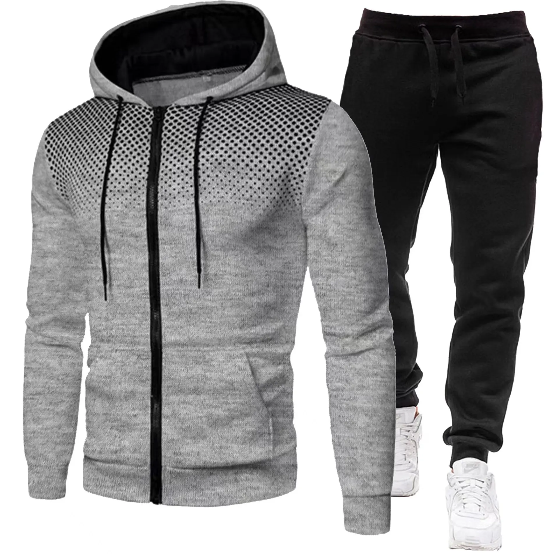 

Men's Fashion Print Tracksuit Zipper Hooded Sweatshirt & Sweatpants Casual Fitness Jogging Sports Set Two-Piece Suit