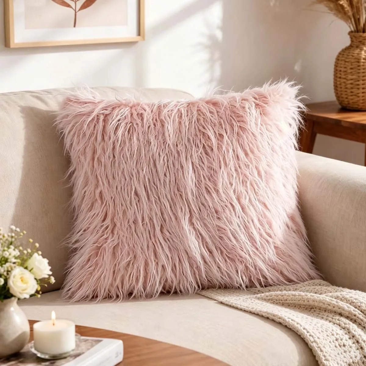 Light Pink Long Faux Fur Square Pillow Cover, Ins Gentle Style Fluffy Shaggy Throw Cushion Cover For Sofa Decor