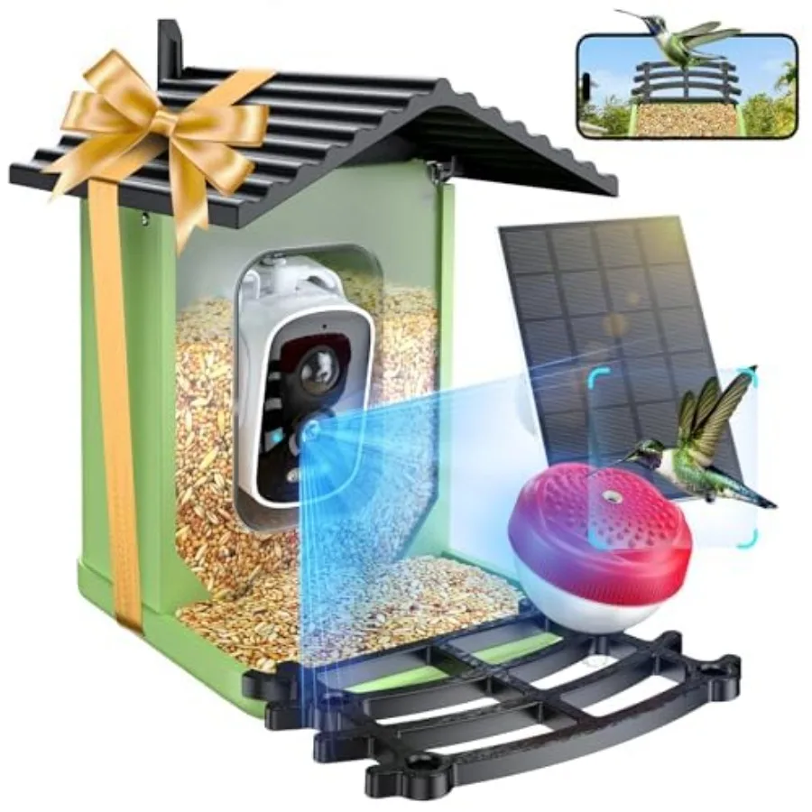 

Bird Feeder with Camera Solar Powered 2K HD AI Identify Smart Camera Bird Feeder Live View Instant Arrival Alerts Auto Capture