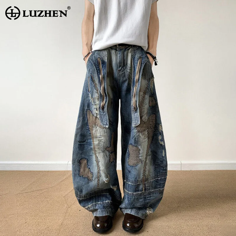 

LUZHEN Original Streetwear Patched Patchwork Ribbon Decorate Design Loose Jeans Men 2025 New Fashion Wide Leg Denim Pants JY3113