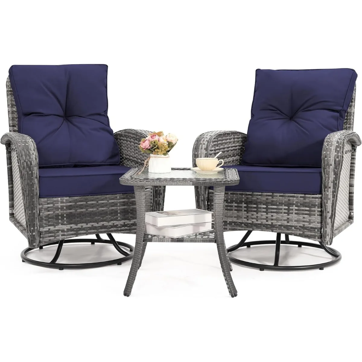 

3 Pieces Patio Furniture Set, Outdoor Swivel Glider Rocker, Wicker Patio Bistro Set with Rattan Rocking Chair, Glass Top Table