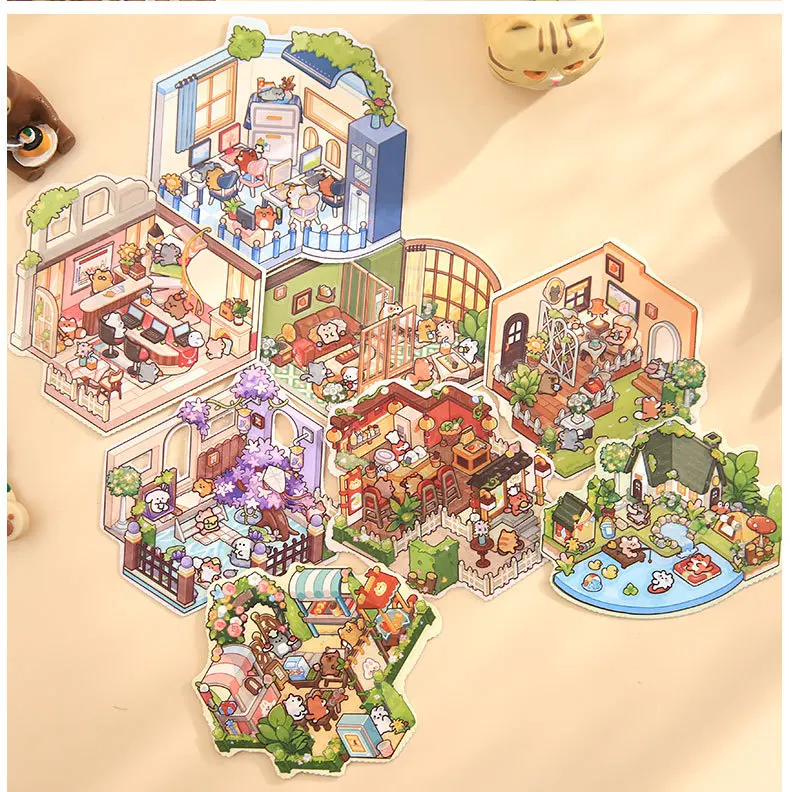8in1 Mini Size Cartoon Town Landscape Sticker Collection Scene DIY Toy Game Sticker Festival Birthday Gift for Kid Child Girl image 4