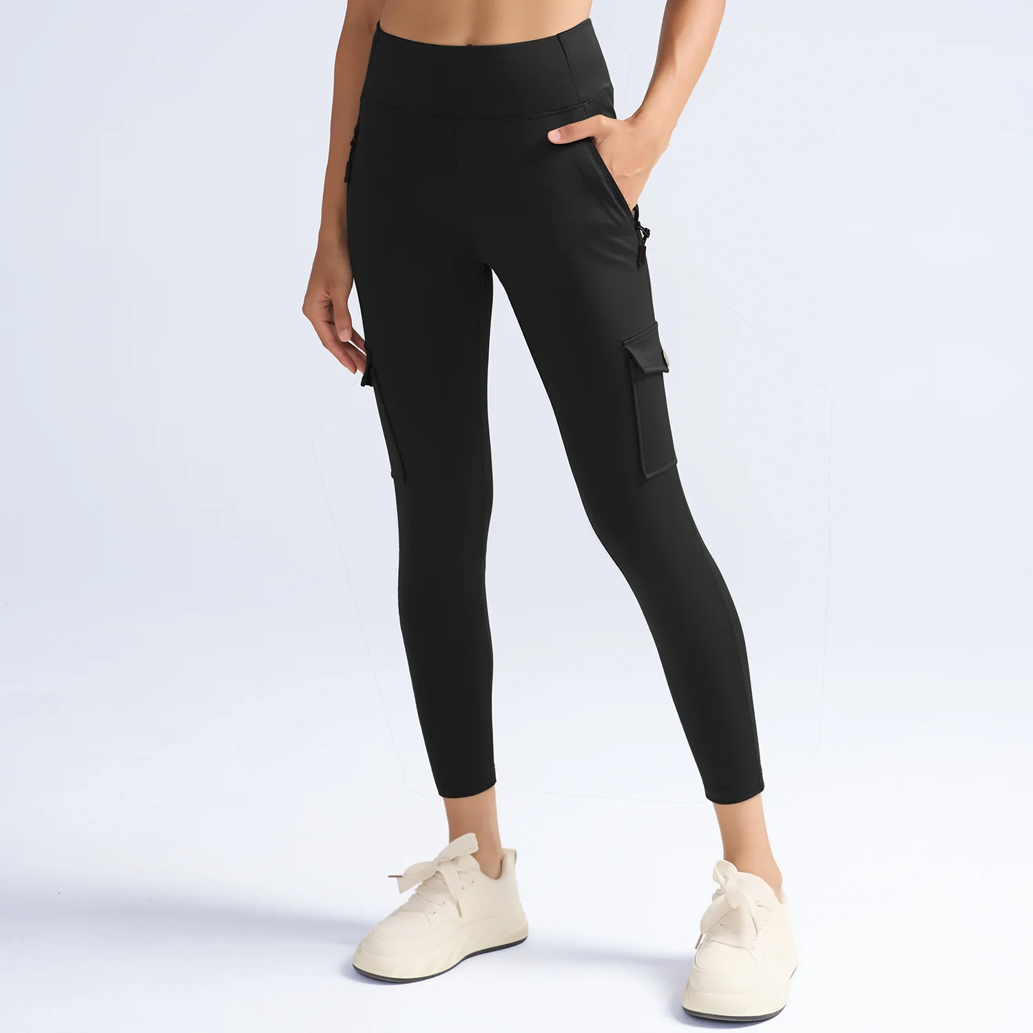Women Workout Cargo Leggings with Double Zip Pockets Tummy Control Butt Lift Yoga Pants Stretch Gym Fintness Leggings Sportswear