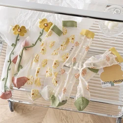 See Through Transparent Nylon Long Socks Women Summer Ultra-thin Breathable Crystal Silk Socks Embroidery Floral Cute Lace Socks