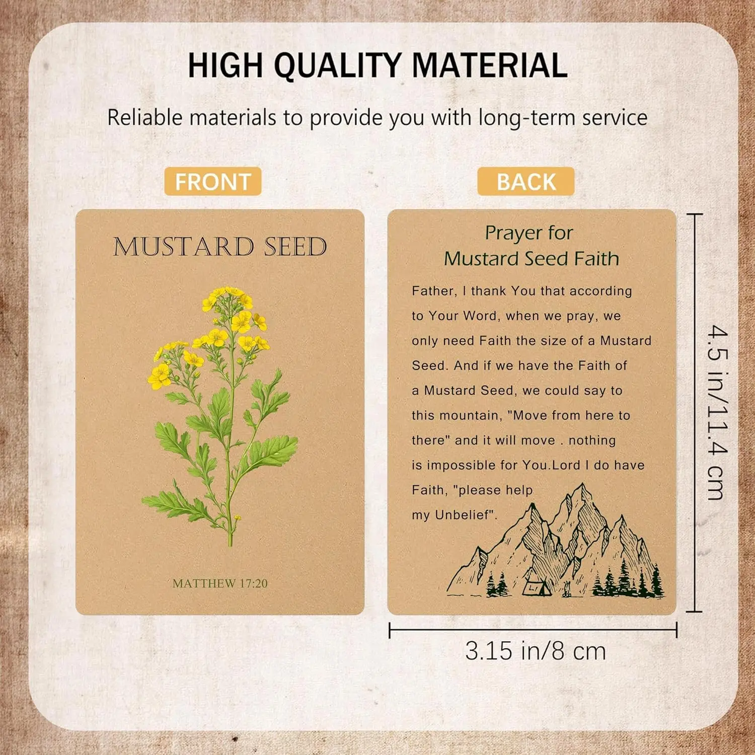 50Pack Mustard Seed Holy Cards Christian Prayer Card 3.15 × 4.5 Inch-Kraft Double-Sided Faith Cards Matthew 17: 20 Faith