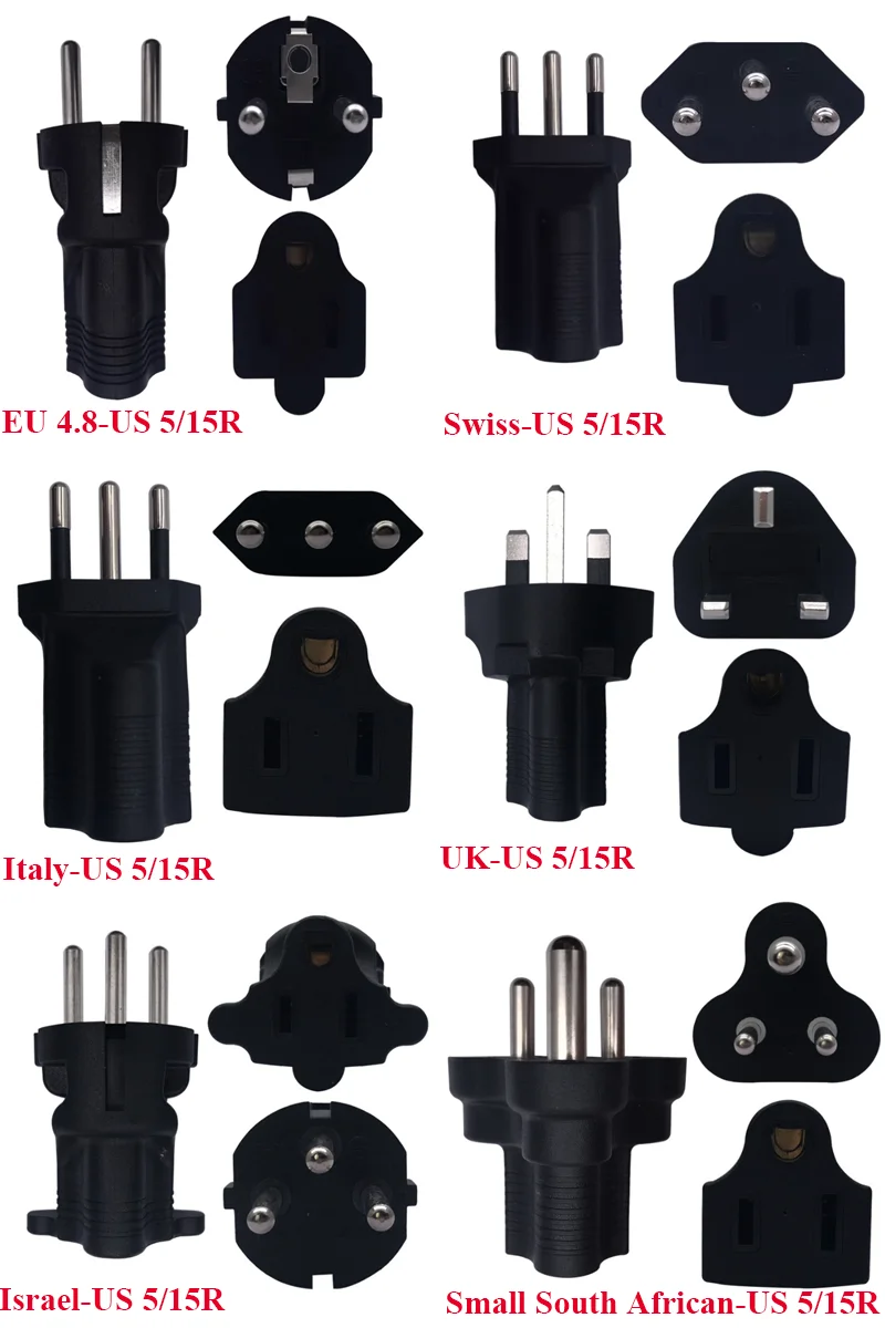 1PCS Black 10/16A US 5-15R female to US AU UK EU 4.0/4.8mm swiss Italy Israel Sri Lanka India male power plug socket converter