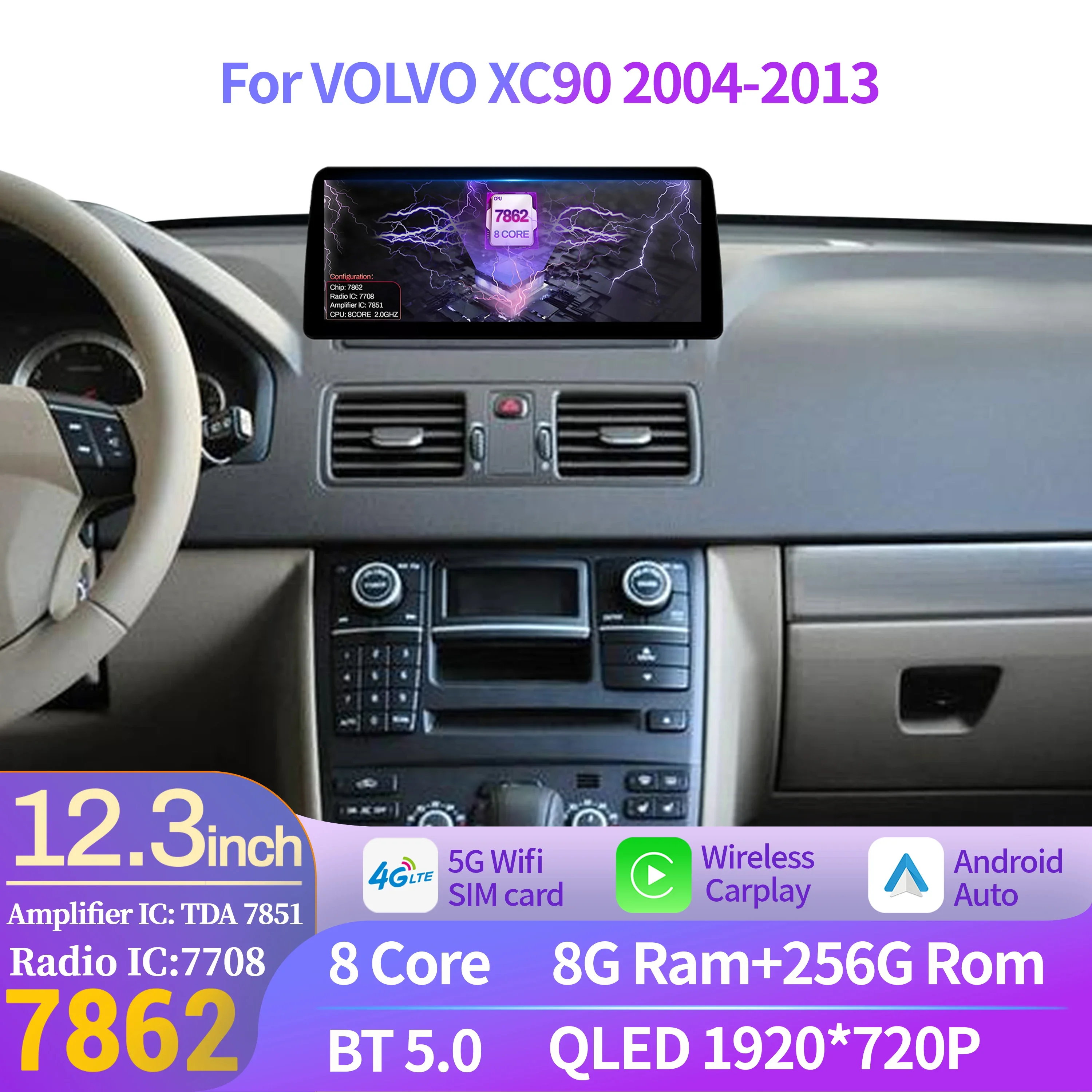 12,3 pulgadas para VOLVO XC90 2004-2013 Radio de coche Android Multimedia inalámbrico Carplay navegación GPS WIFI 4G pantalla de unidad principal estéreo