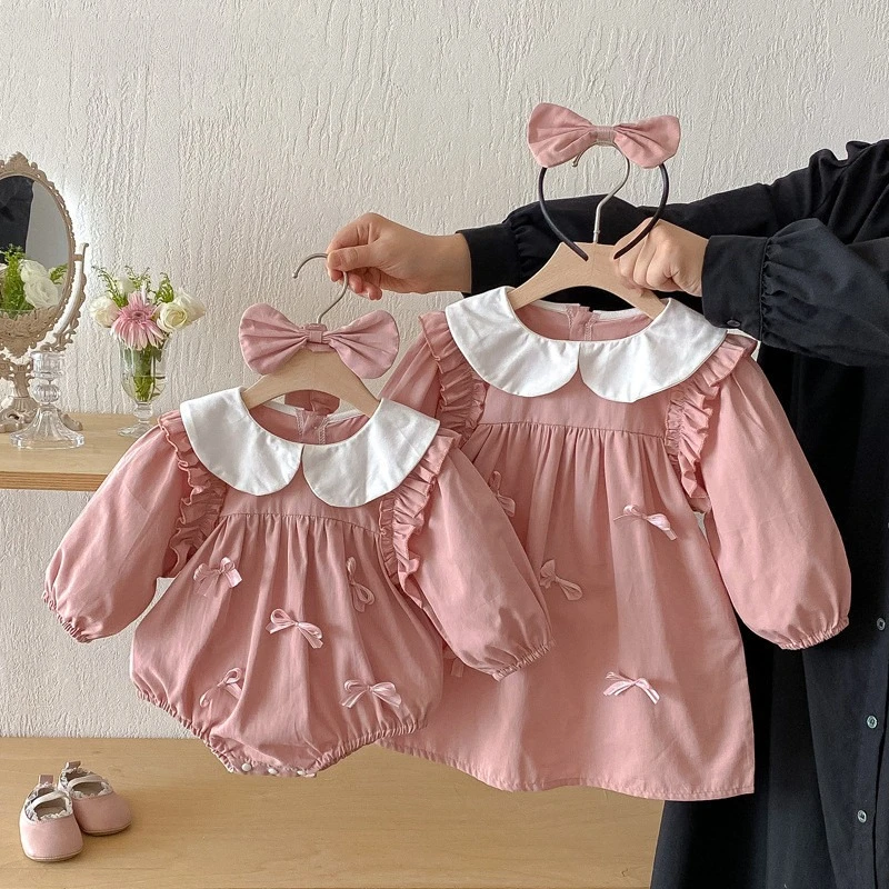 Autumn Pink Cute Sisters Bowknot Doll Neck Long Sleeve Dress and Baby Creeper Wear 1-7 Years Old