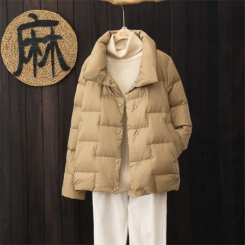 Autumn Winter Light Thin Down Coat Women White Duck Down Jacket Parkas Female Single-Breasted Stand Collar Warm Short Outwears