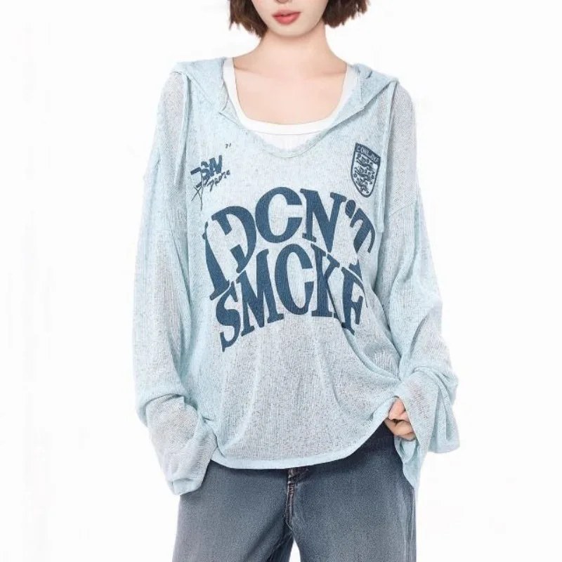 Blue Hooded Sun Protection Cover for Women in Summer Thin Niche Design Long Sleeved T-shirt Hollowed Out Knitted Breathable Tops
