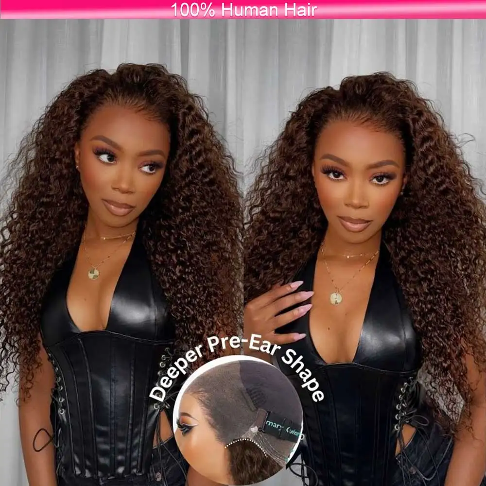 

Chocolate Brown HD 360 Full Lace Wig With Invisible Strap Precut Real Glueless Deep Curly 250 Density 360 Lace Frontal Wigs
