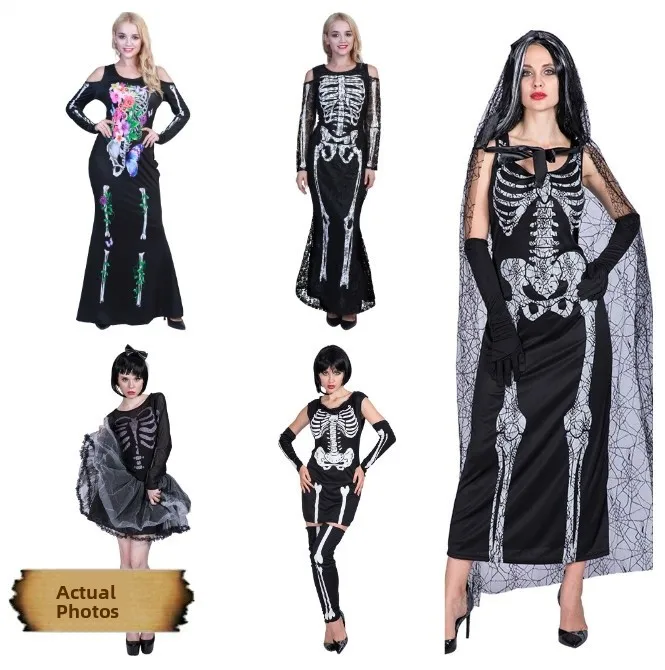 فستان زفاف مثير من الدانتيل بتصميم مصاص الدماء، زي أداء للهالوين، مقاس كبير، زي عروس هيكل عظمي، ملابس زومبي، زي أداء مسرحي