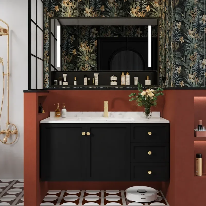 French Style Black Rock Slab Bathroom Vanity with Oak Cabinet Retro Washbasin and Toilet Combination Modern Bathroom
