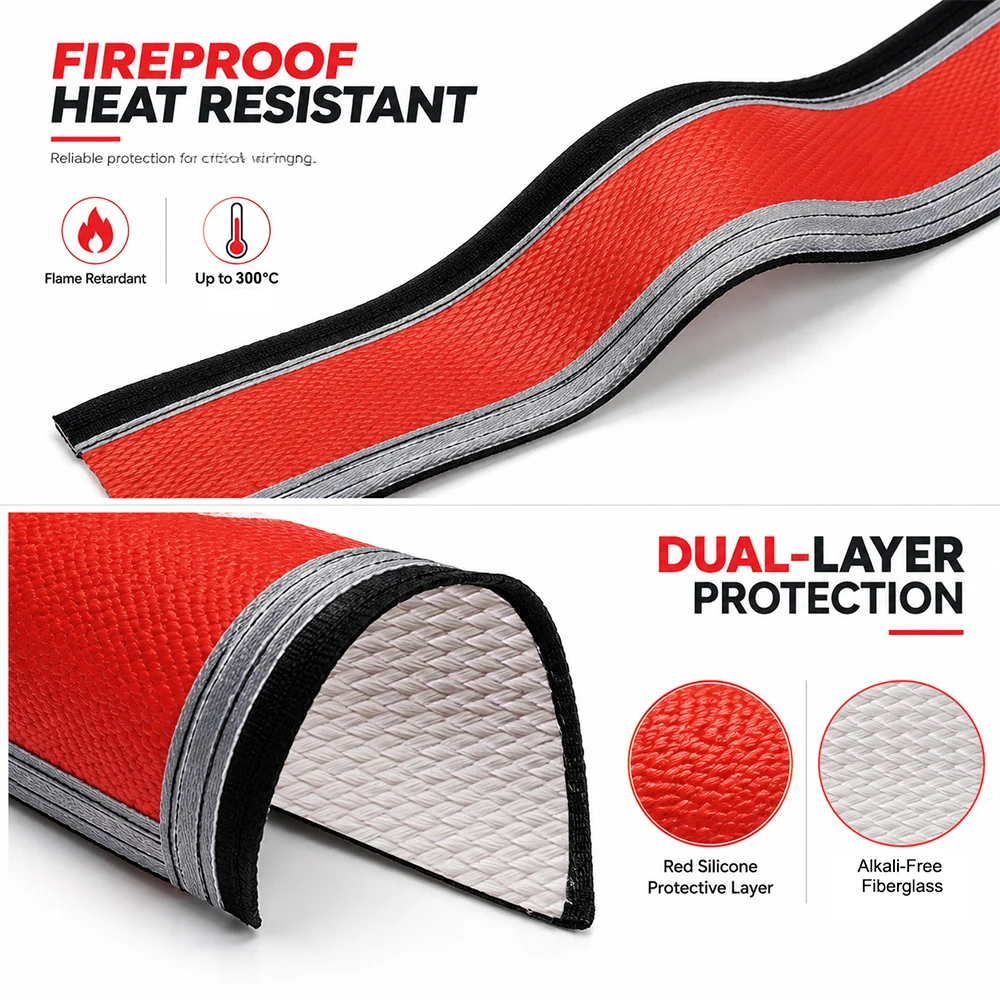 ID4-50mm Thicken Silicone Fiberglass Braided Fireproof Sleeve High Temp Insulated Flame Protection Fire Resistant Casing Pipe