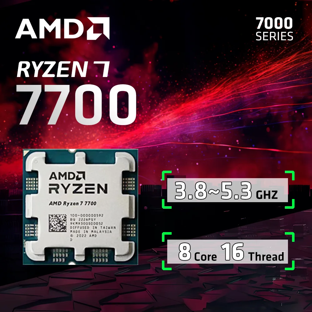 Processador amd ryzen 7 7700, 5.3ghz, 8 núcleos, 16 threads, l3 = 32mb, cache de jogo, 5nm, ddr5, soquete am5, cpu, gráficos integrados r7 7700, sem ventilador