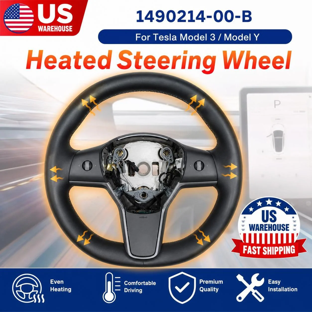 For Tesla Model 3 2017-2023 Model Y 2020-2024 Model 3/Y PU Leather Heated Steering Wheel with Heating Function Cars Accessories Auto Parts 2022 2021 2020 2019 1490214-00-B
