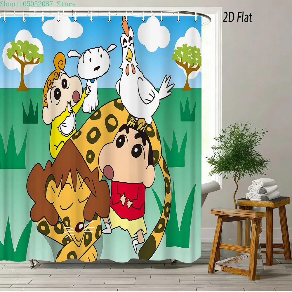 Crayon Shin-chan & Himawari & Shiro & Leopard & Rooster Jungle Adventure Scene 2D Print Waterproof Shower Curtain, Bright Green
