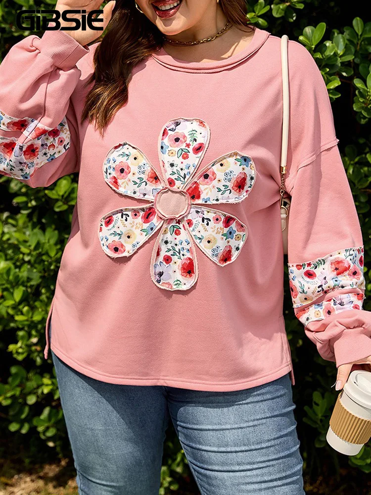 

GIBSIE Plus Size Flower Patch Side Slit Sweatshirt Women Autumn 2025 Fashion Drop Long Sleeve Loose Casual O-Neck Pullover Top
