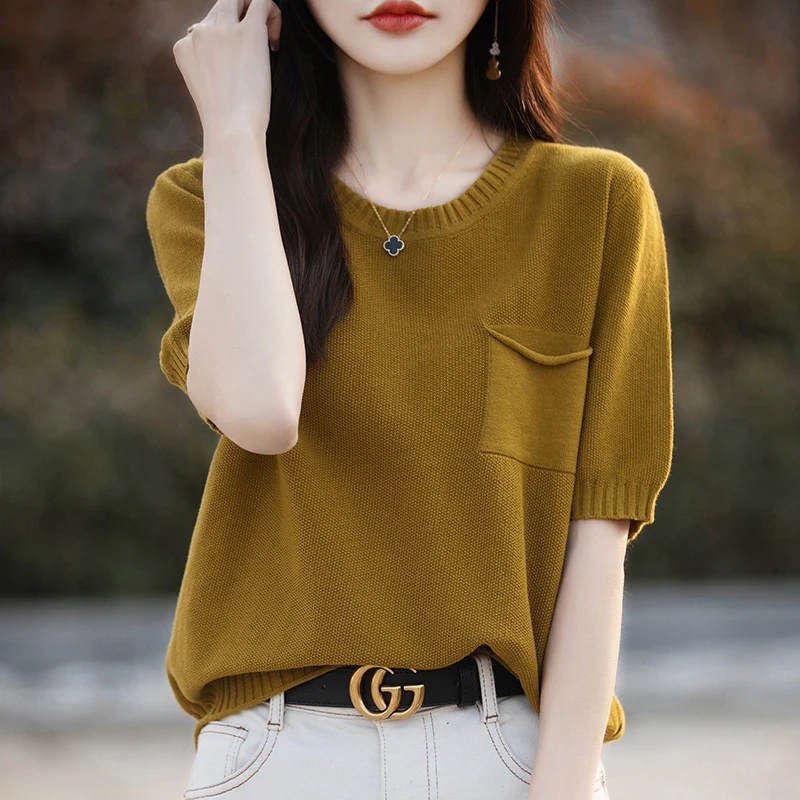Women's T-Shirt Spring/Summer 100% Cotton Sweater Short Sleeve Casual Round Neck Ladies Tops Loose Blouse Pullover Tees Pocket