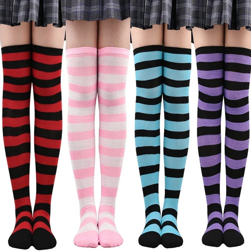 

Ladies Black White Striped Hosiery Long Cotton Stockings Knitted Warm Soks Women Thigh High Over The Knee Socks For