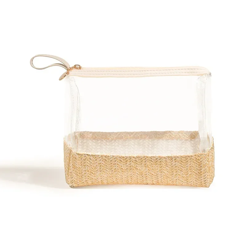 New women's straw woven portable cosmetics storage bag, transparent toiletries, cosmetics, hand carry storage bag