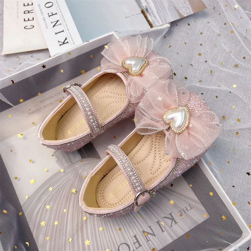 Girls' Performance Shoes Princess Flat Bottom Pink Single Shoes Children's Crystal Girls' Leather Shoe Baby Shiny Single Shoes