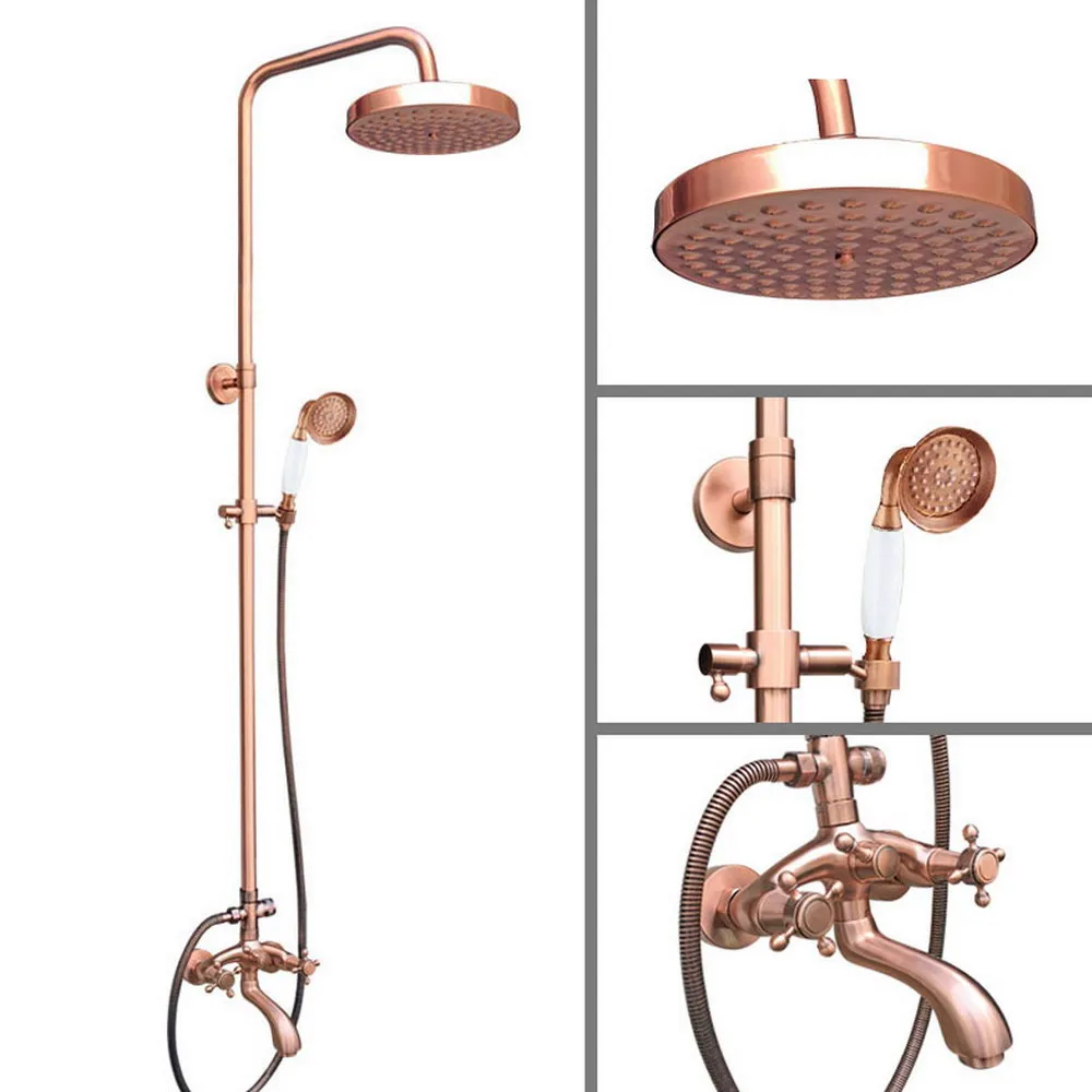 

Antique Red Copper Brass Two Cross Handles Bathroom Rainfall Shower Faucet Set Bath Tub Mixer Tap Hand Held Shower Head mrg505