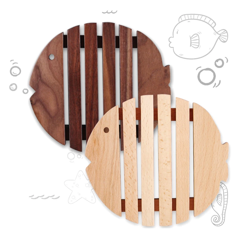 Wooden Placemat Hot Dishes Pot Holder Non Slip Pad Dining Table Mat Cute Fish Shape Trivet Teapot Cup Coaster Home Kitchen Decor