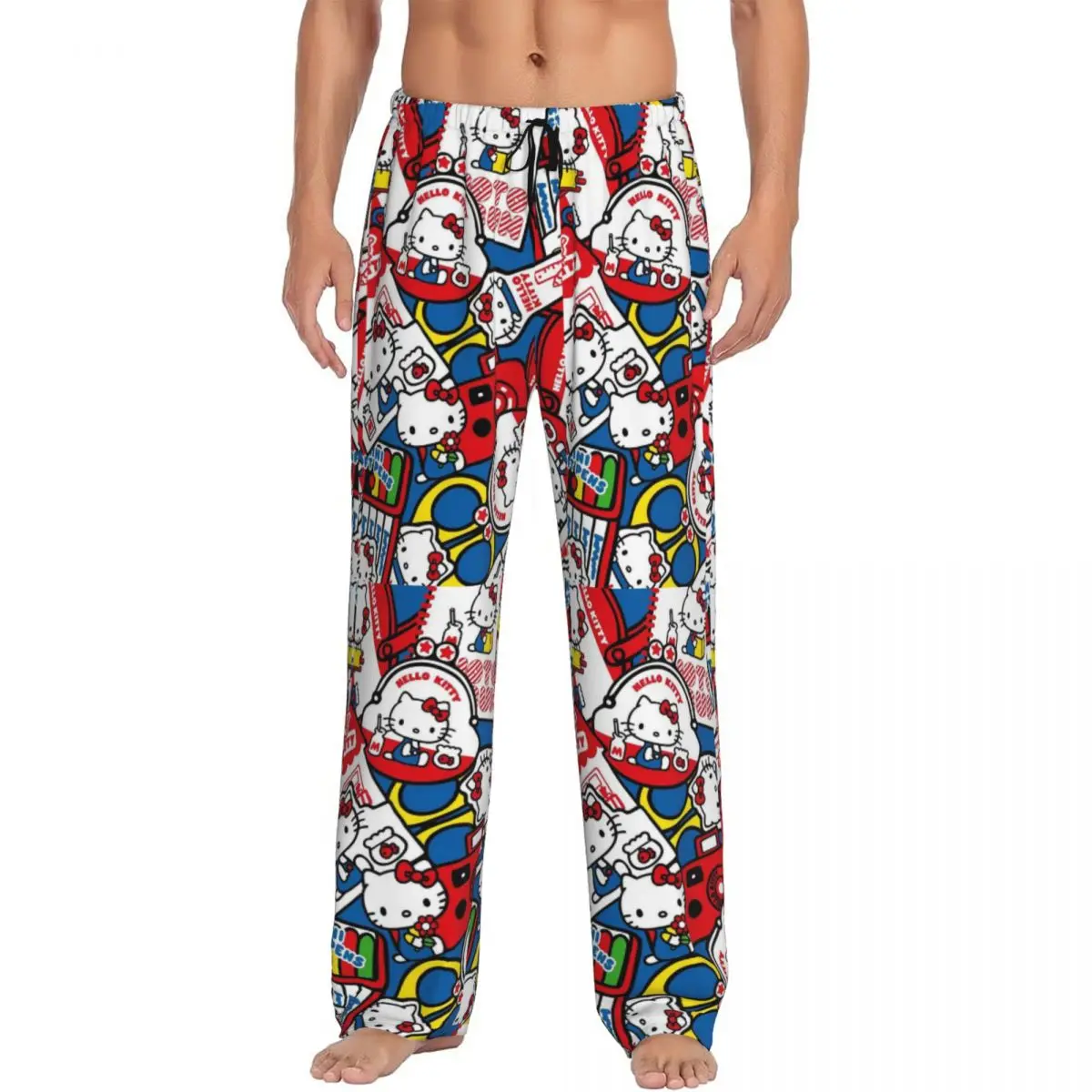 Pantalones de pijama personalizados de Hello Kitty para hombres, animación de dibujos animados, ropa de dormir caliente, pantalones para dormir elásticos con bolsillos