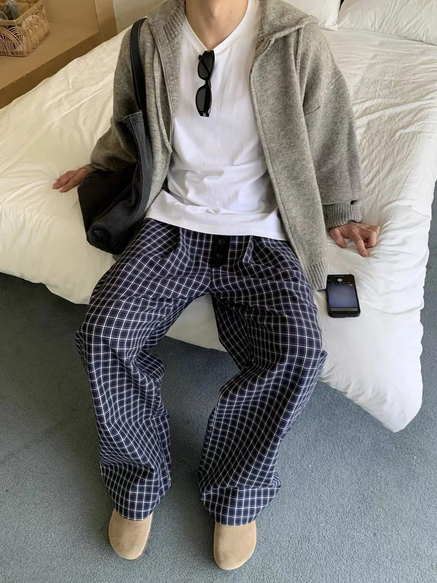 

American Retro Lazy Loose Color Blo Plaid Casual Pants Men 2024 Versatile Wide Leg Floor Length Walking Long Trousers