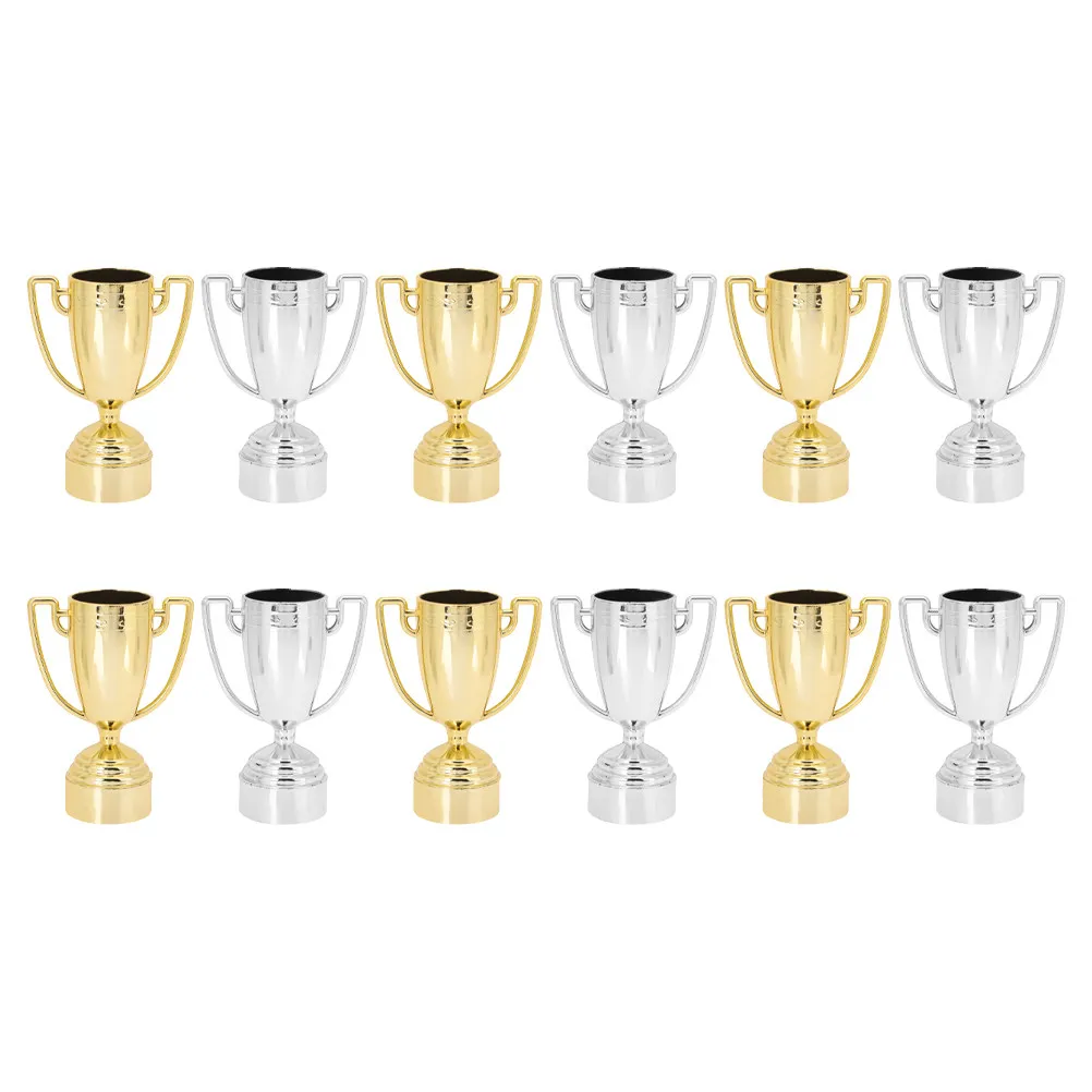12Pcs Mini Trophy Cup Set Plastic Gold Finish Lightweight for Children Kindergarten Activities Motivation Reward Trophy Party