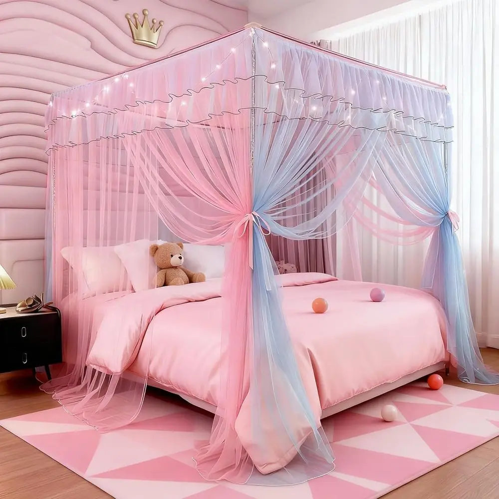 Full Size Bed with Lights, Luminous Stars, Bed Curtains, 4 Post Bed Drapes Netting, Blue & Pink - 78×59×78