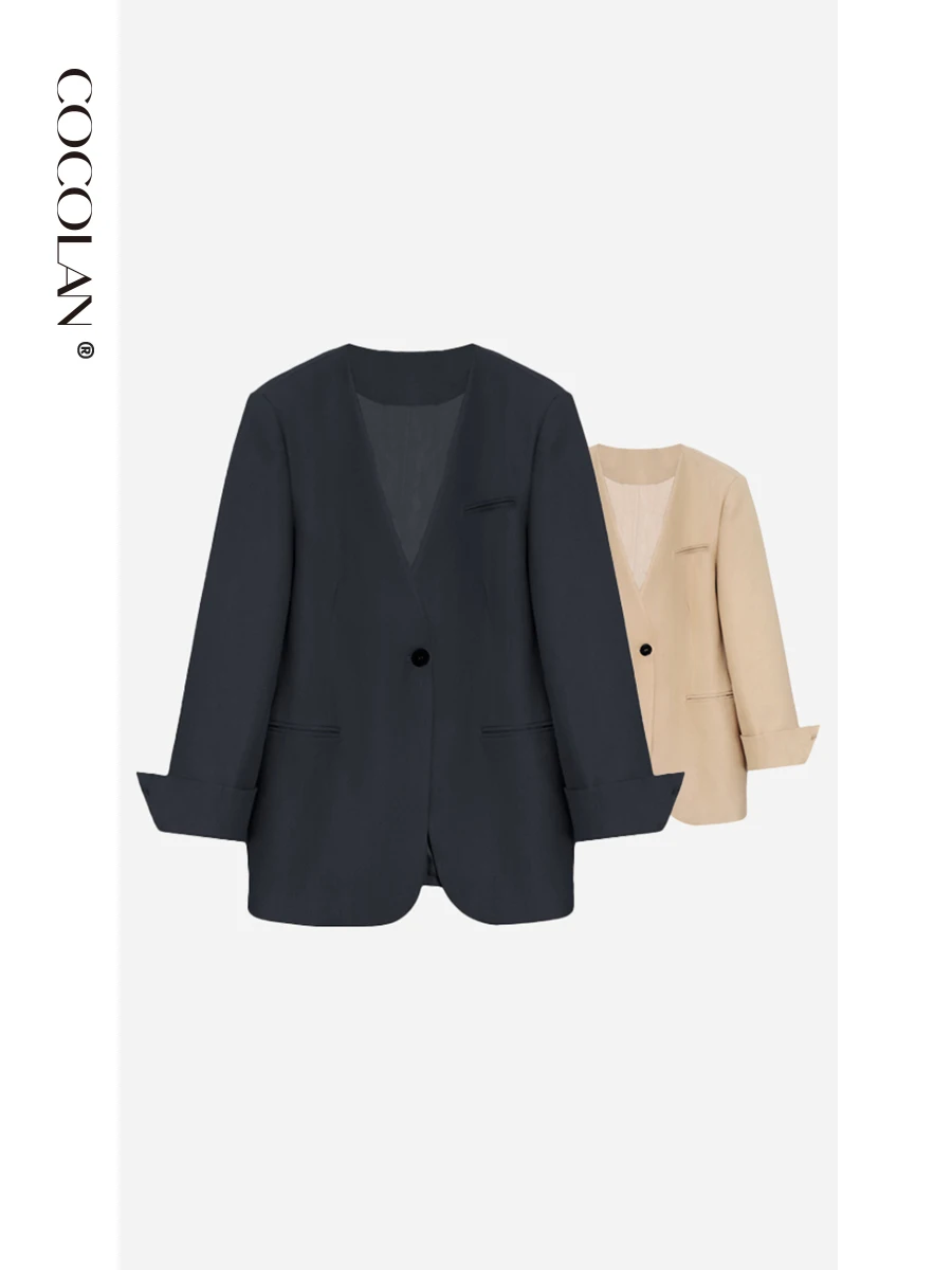 

Ele Loose Women's Suiting Jaet Bla Silhouette Casual Cleanfit Polyester Long Sve V-ne Single Button Closure