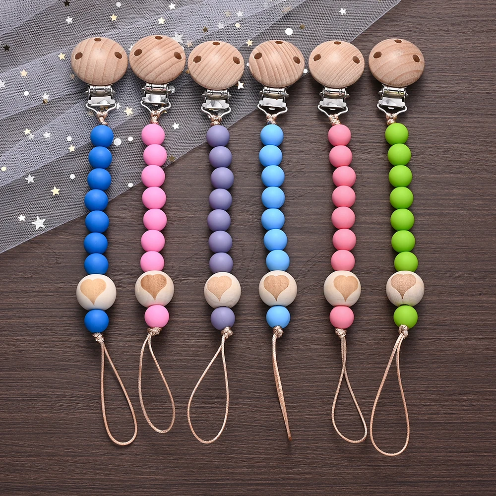 5Pcs New Baby Pacifier Chain Clips Wood Pentagram Teether  Silicone Round Beads Teething Chain For Care Soother Chew Toys Shower