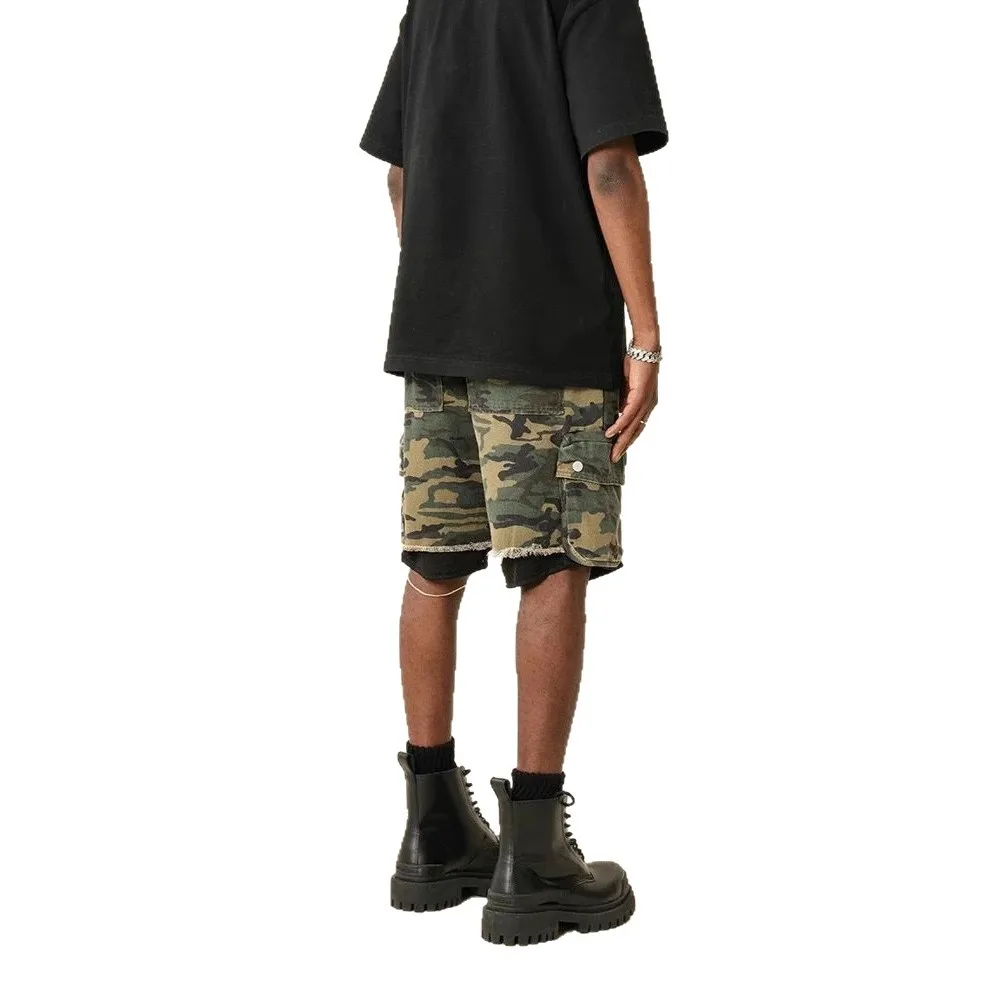 American Streetwear Raw-edge Washed Vintage Camouflage Shorts Relaxed Fit Multi-pocket Outdoor Work Camo Cropped Jeans Short