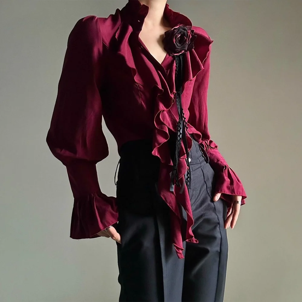 2025 Winter Men's Solid Color Puff Sleeve Long-Sleeve Shirt French Retro Fashion Trendy High Street Loose Casual Niche Men's Top