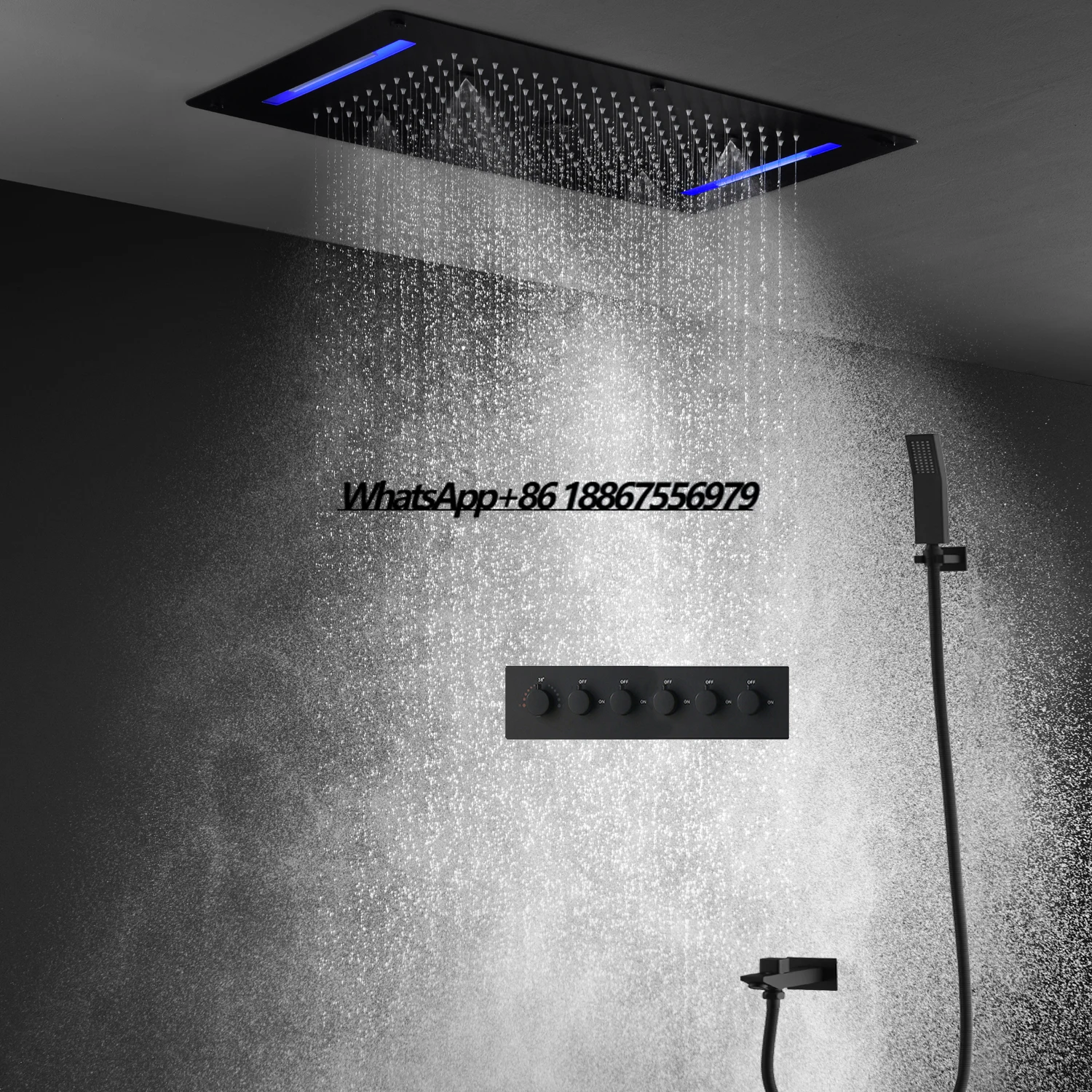 

Bathroom Matt Black Shower Set Waterfall Rainfall Massage Ceiling LED Shower Head Panel With Thermostatic Mixer Diverter Faucets